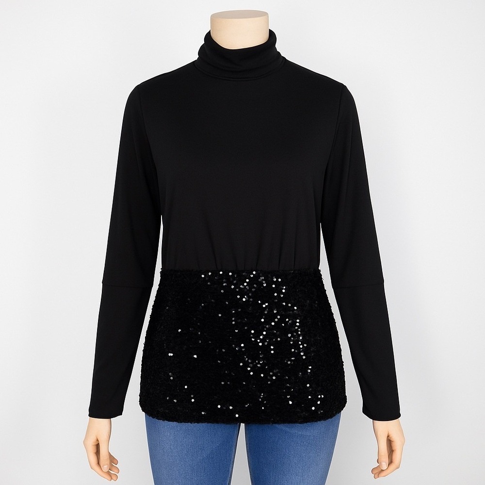 Joseph Ribkoff Womens 8 Black Sequin Hem Mock Neck Long Sleeve Party Holiday Top